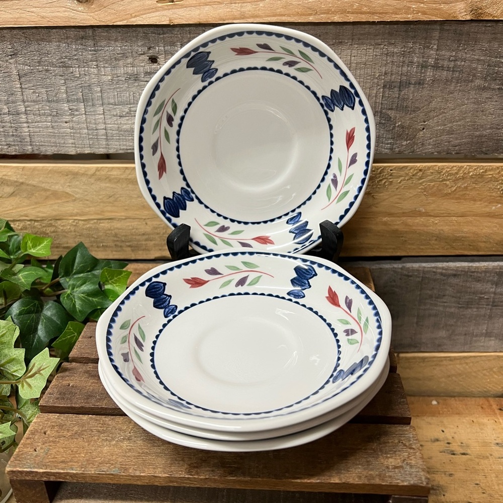 Set of 4 Adams Lancaster Ironstone Floral Saucers with Red and Blue Accents